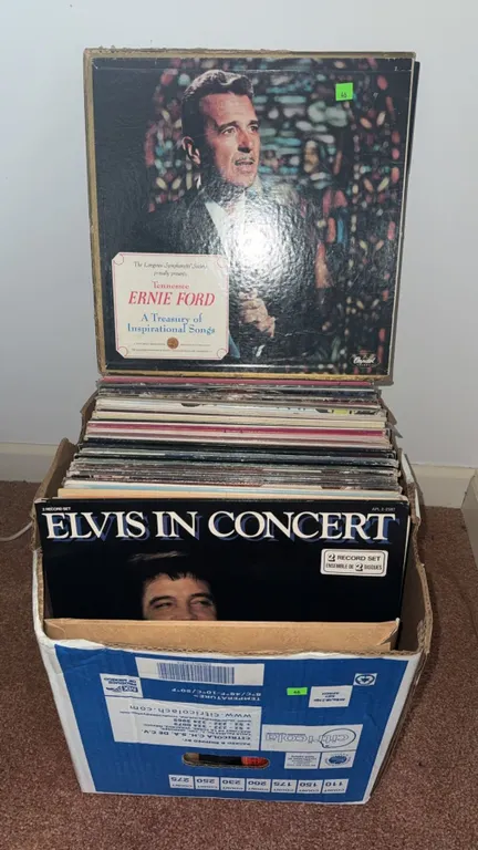 Box Lot of Assorted LP Vinyl Records Including Elvis in Concert