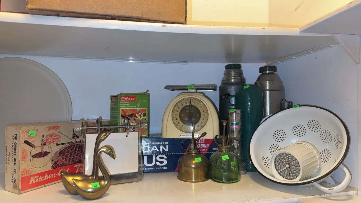 Vintage Kitchen Items Including Scale, Thermos, KitchenAid Thermometer, and More