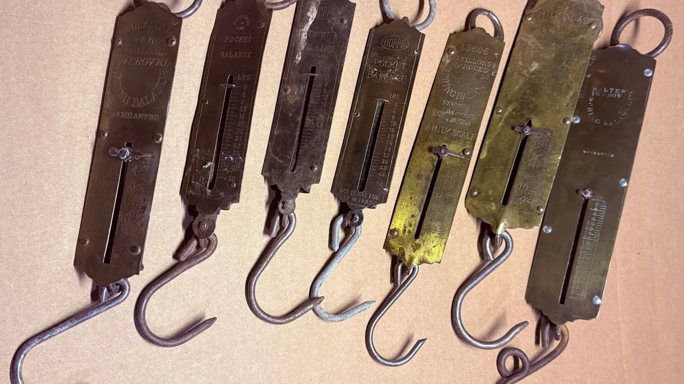 7 Brass and Steel Hanging Spring Balance Scales