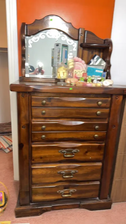 Wooden Tallboy Chest of Drawers with Mirror and Shelf. Items on Chester not included.