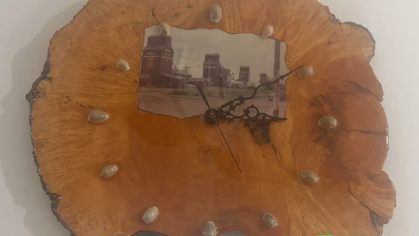 Wall Clock on Live Edge Wood with Prairie Elevator Photo Centrepiece