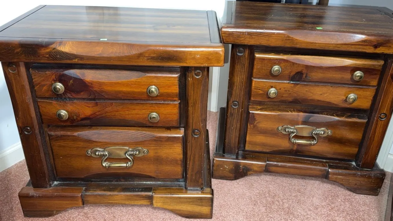 Solid Wood Two-Drawer Nightstands with Brass Handles