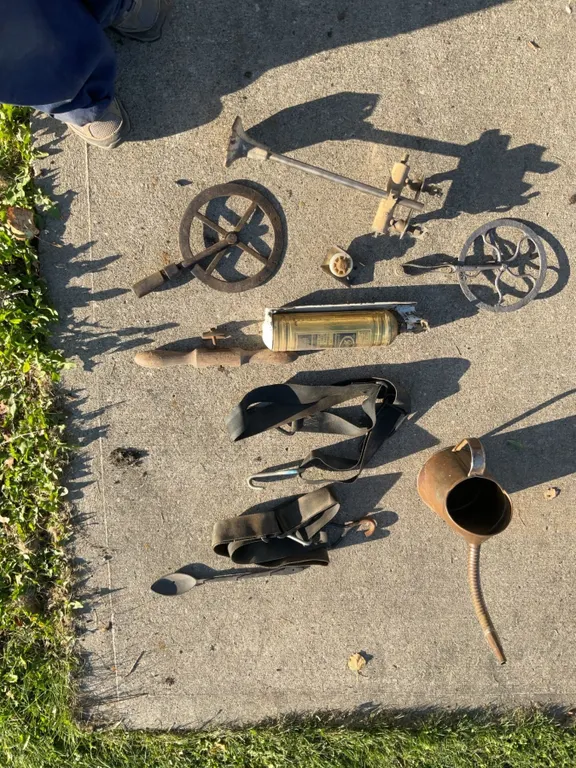Vintage Brass Fire Extinguisher, Metal Tools, Oil Can, and Straps