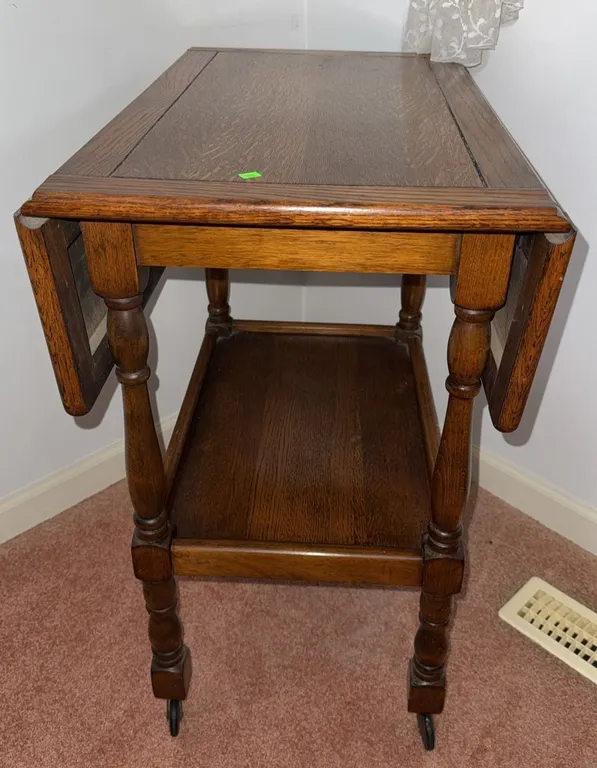 Drop-Leaf Oak Side Table with Lower Shelf and Casters