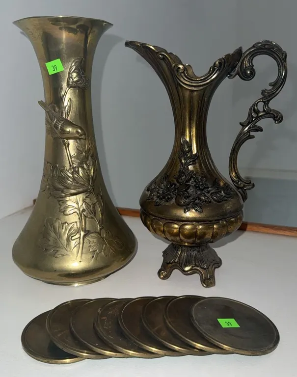 2 Decorative Brass Vases and 8 Brass Coasters