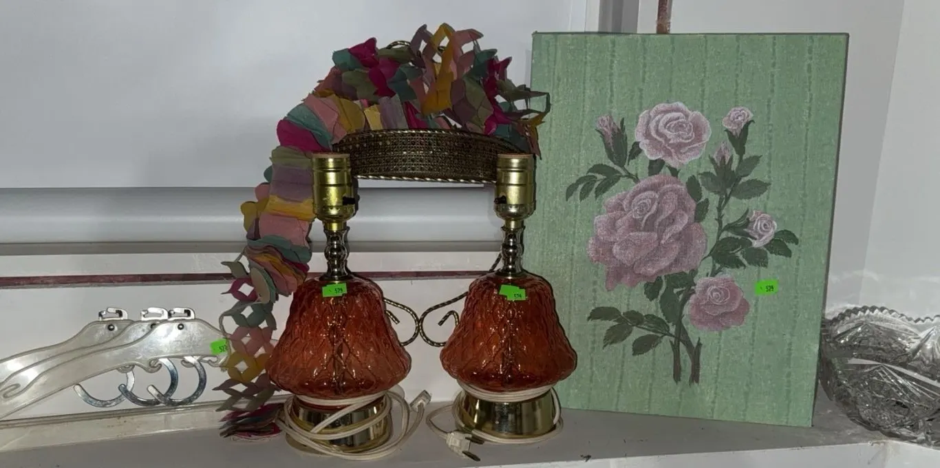 Decorative Items: Pair of Glass Table Lamp Bases, Art, Crystal Bowl, Hangers