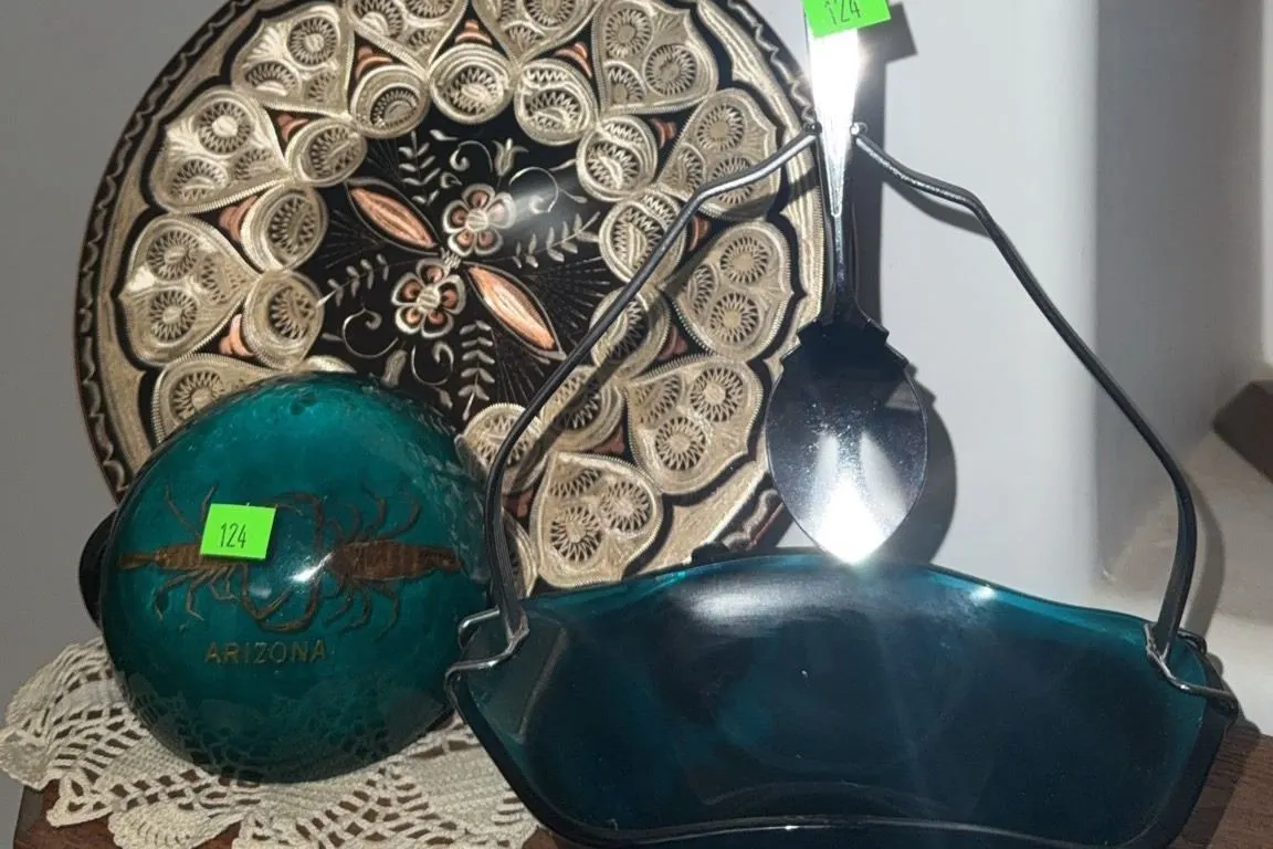 Decorative Ceramic Plate, Arizona Souvenir Dish, and Blue Glass Bowl With Metal Handle and Spoon