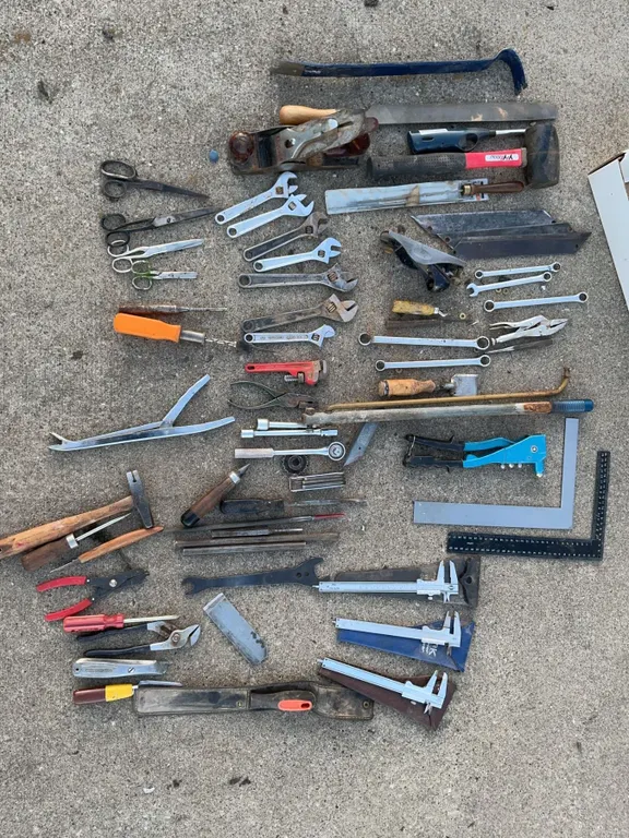 Hand Tools Lot With Measuring, Cutting, and Wrenching Tools