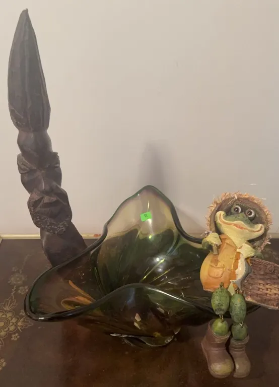 Trio: Wood Carving, Glass Bowl, and Frog Figurine