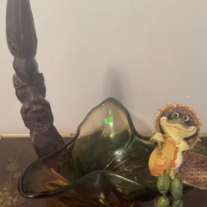 Trio: Wood Carving, Glass Bowl, and Frog Figurine