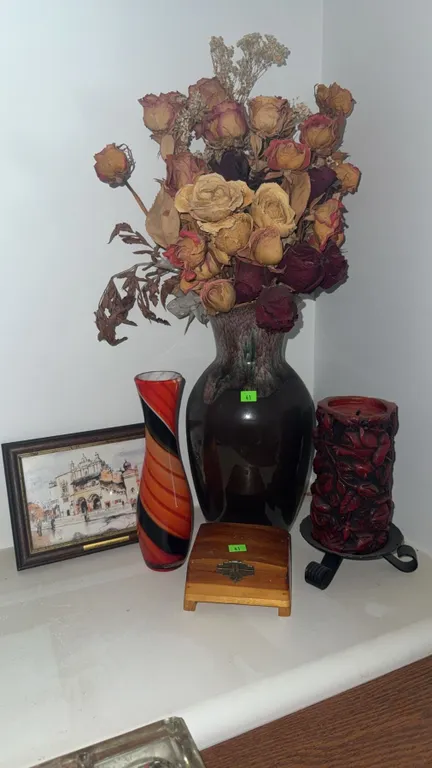 Decorative Lot With Framed Artwork, Cedar Box, Vase With Dried Flowers, Red Candle, and Swirl Vase