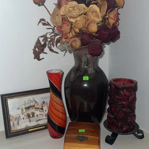 Decorative Lot With Framed Artwork, Cedar Box, Vase With Dried Flowers, Red Candle, and Swirl Vase