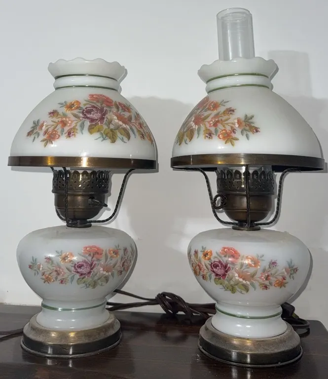 Floral Pattern Milk Glass Electric Table Lamps