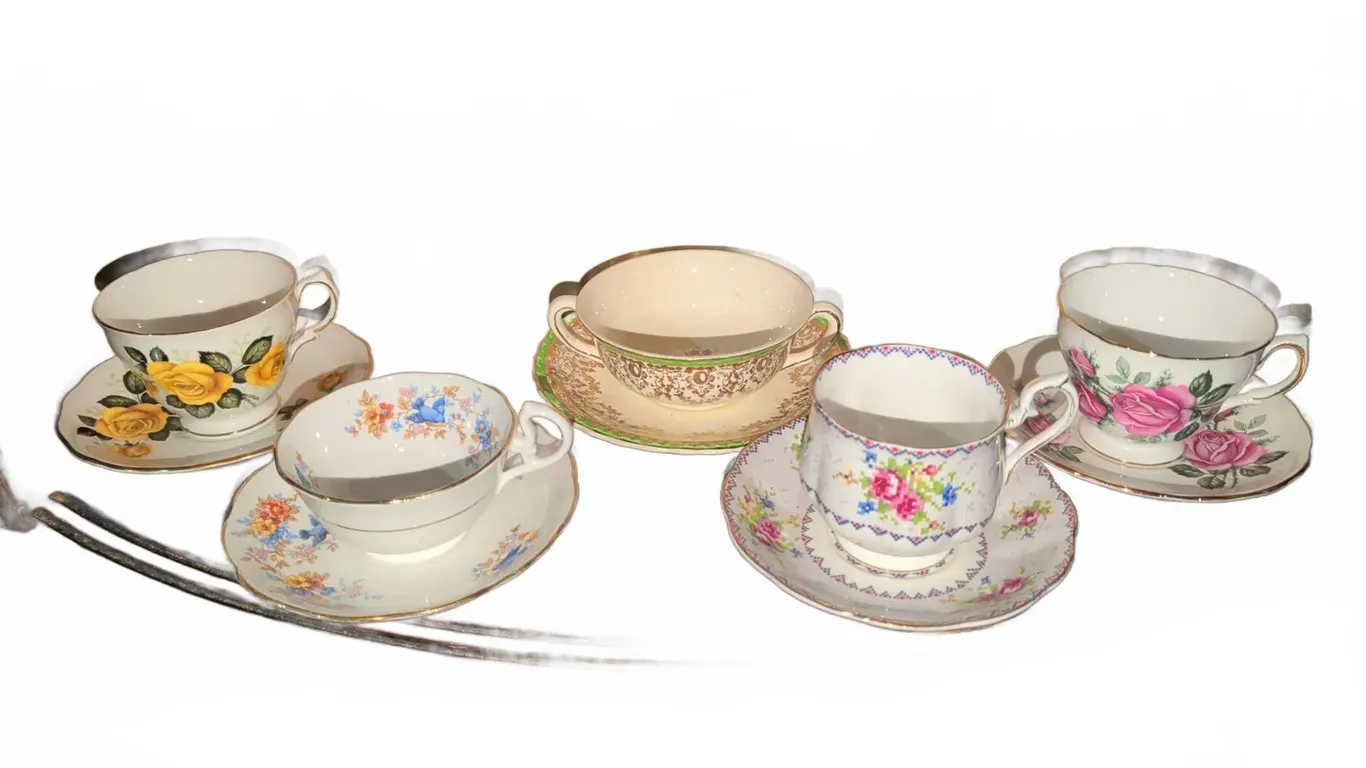 5 Assorted English Bone China Teacup and Saucer Sets