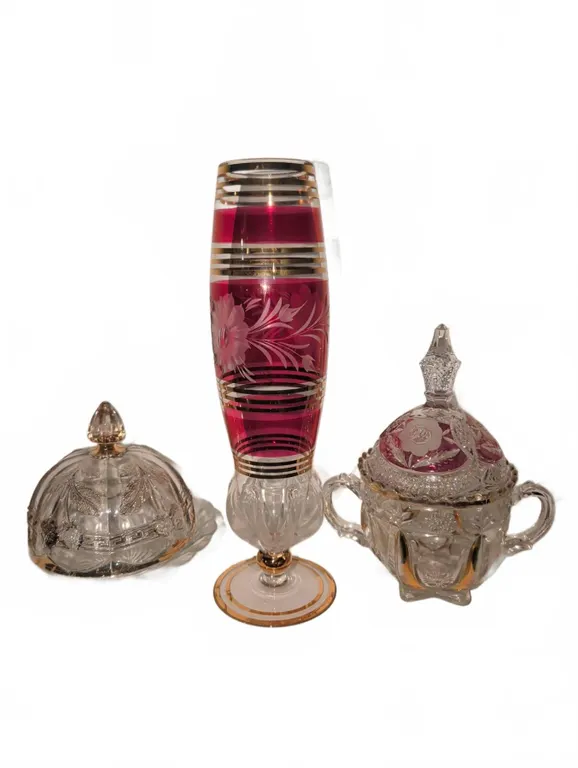 Cut Glass Vase and Two Lidded Dishes with Gold and Pink Accents