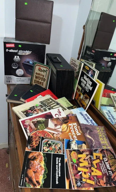 Office Supply and Book Lot: Staples Shredder, Portfolio, Portafile, Wood Sign Guides