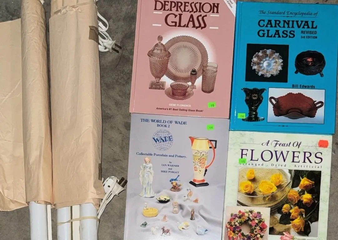 Fluorescent Light Fixtures and 4 Books: Depression Glass, Carnival Glass, Flowers, Wade