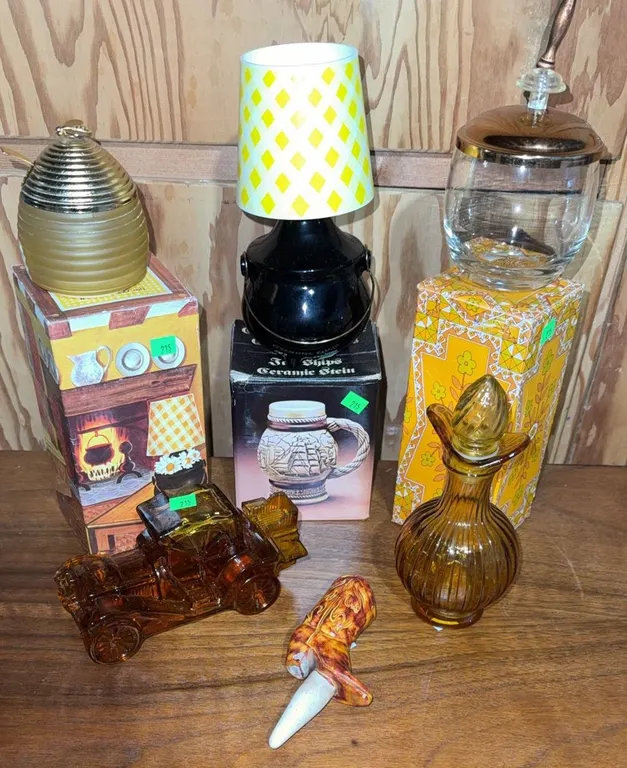 Decorative Glassware, Novelty Lamp, and Ceramic Boot Stopper Collection