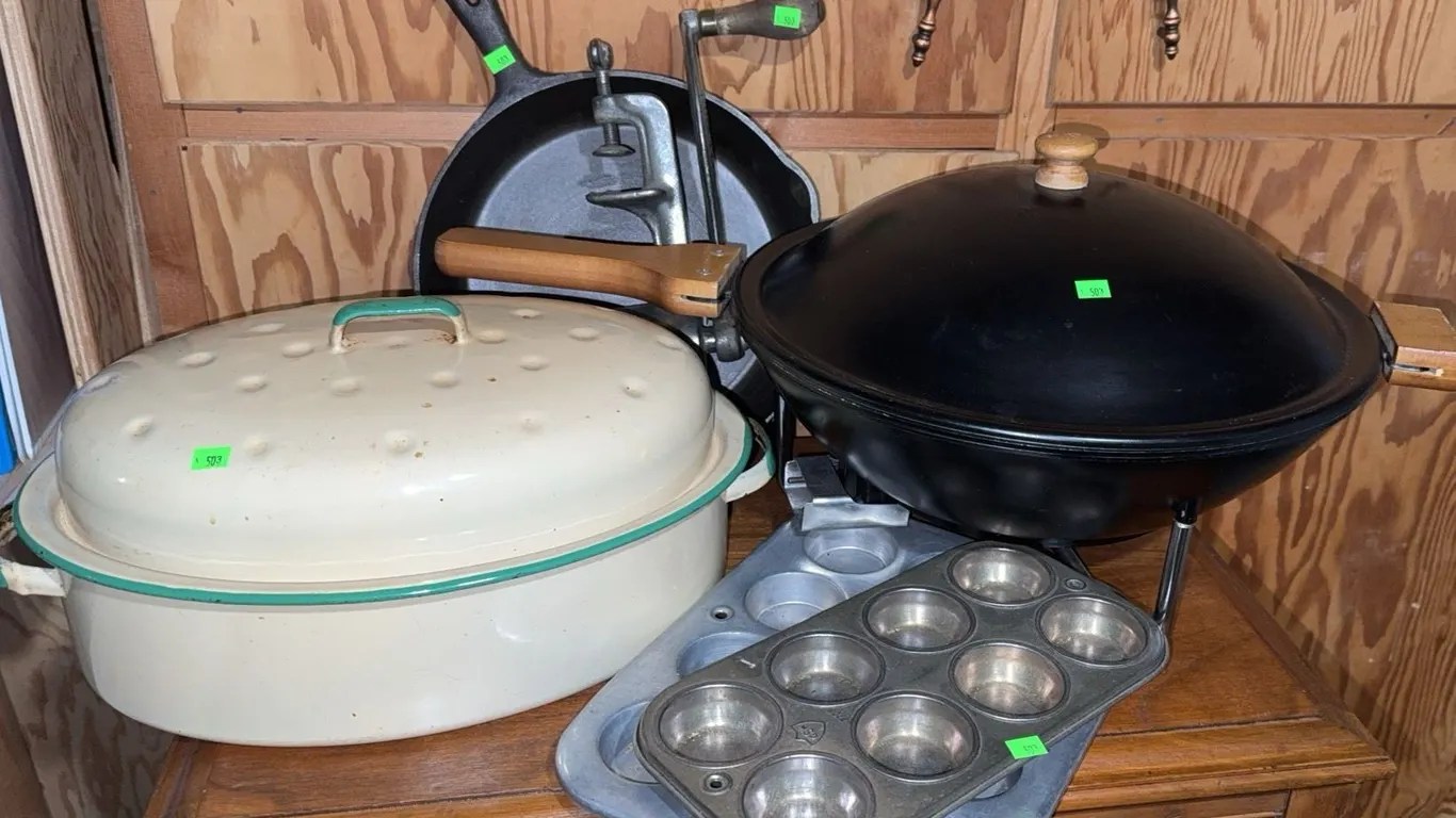 Kitchen Cookware Lot: Pans, Electric Wok, Muffin Tins, Meat Grinder, Roaster