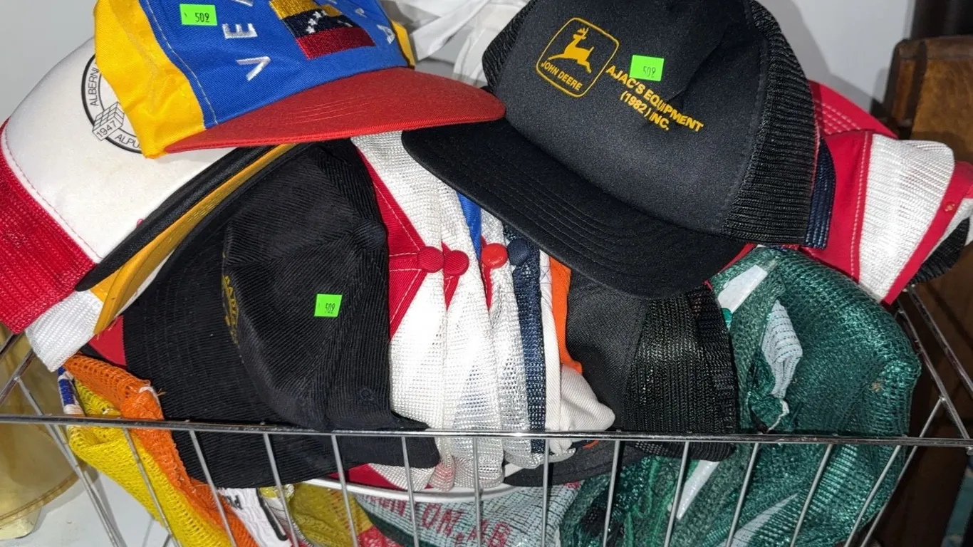 Trucker Hats and Potato Socks Including John Deere, Home Hardware, Mastercard Visors