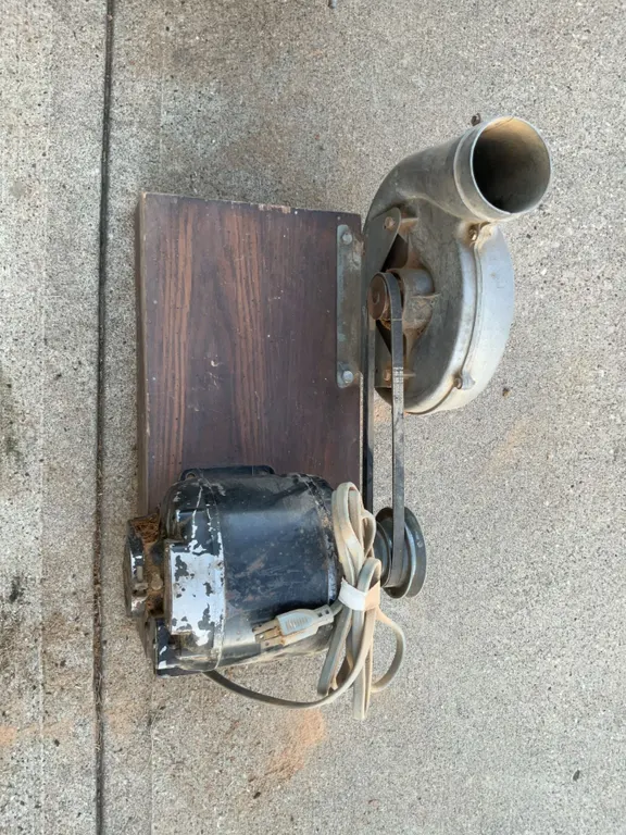 Electric Motor Belt-Driven Metal Blower on Wood Base