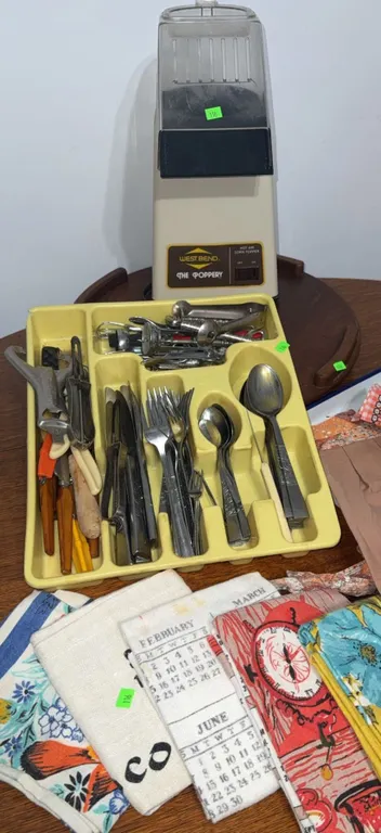 West Bend The Poppery Corn Popper, Flatware Set, Kitchen Linens, and Enamelware Tray