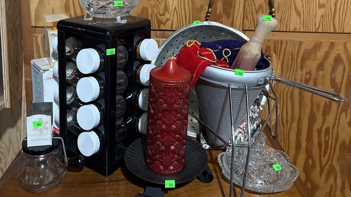 Kitchenware Lot with Spice Rack, Sunbeam Mixer, Kitchen Scale, Candle, Strainers, and Crystal