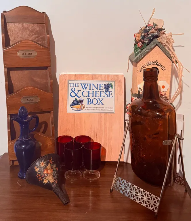 Lot: Letter Sorter, Amber Jug, Cobalt Pitcher, Wine & Cheese Box, Birdhouse, Glasses