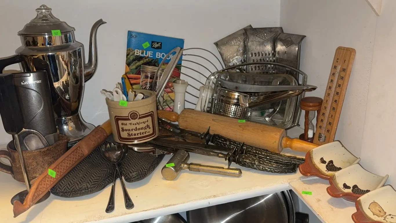 Kitchenware Group Including Percolator, Utensils, Rolling Pin, and Ceramic Trays