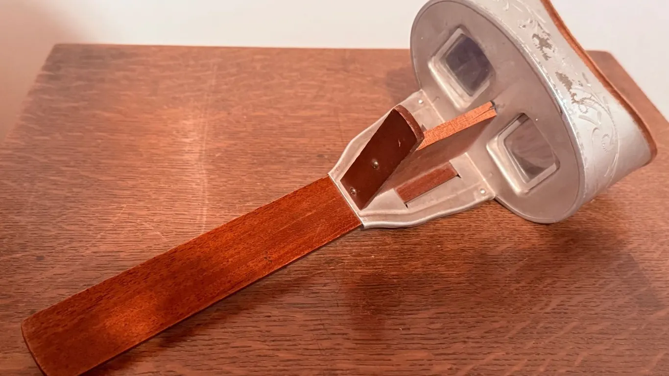 Stereoscope Viewer with Metal Hood and Wooden Handle