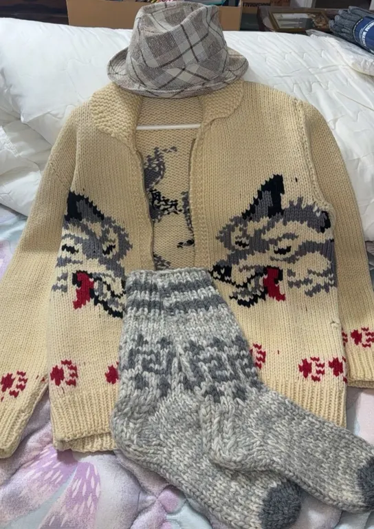 Hand-Knit Sweater with Wolf Motif, Plaid Fedora, and Wool Socks
