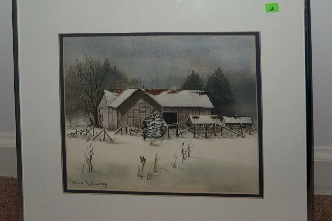 Elaine Bushey Signed Watercolour Barn Winter Scene Framed