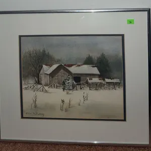 Elaine Bushey Signed Watercolour Barn Winter Scene Framed