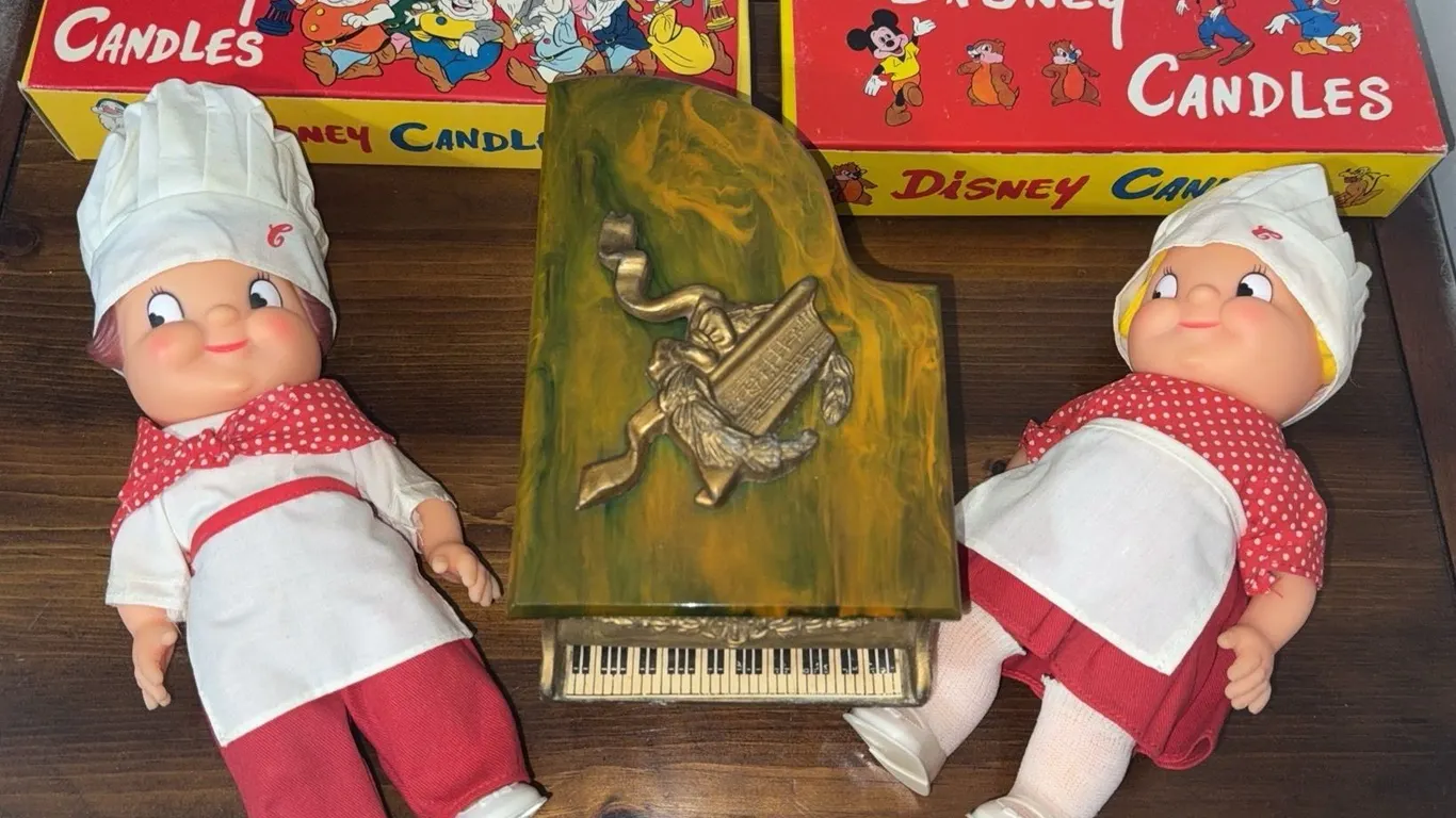 2 Boxes Walt Disney Candles, 2 Chef Dolls, and Grand Piano Music Box