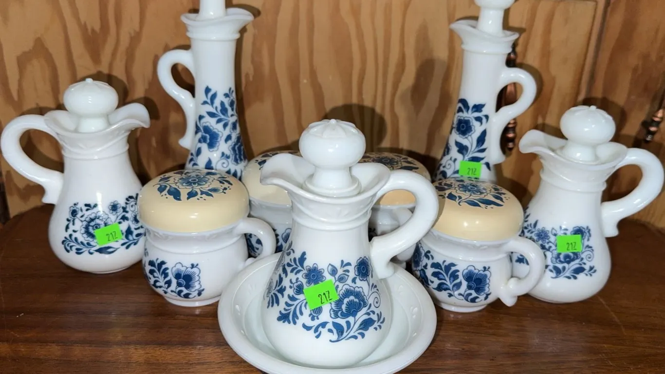 Blue and White Floral Milk Glass Condiment Serving Set with Lids