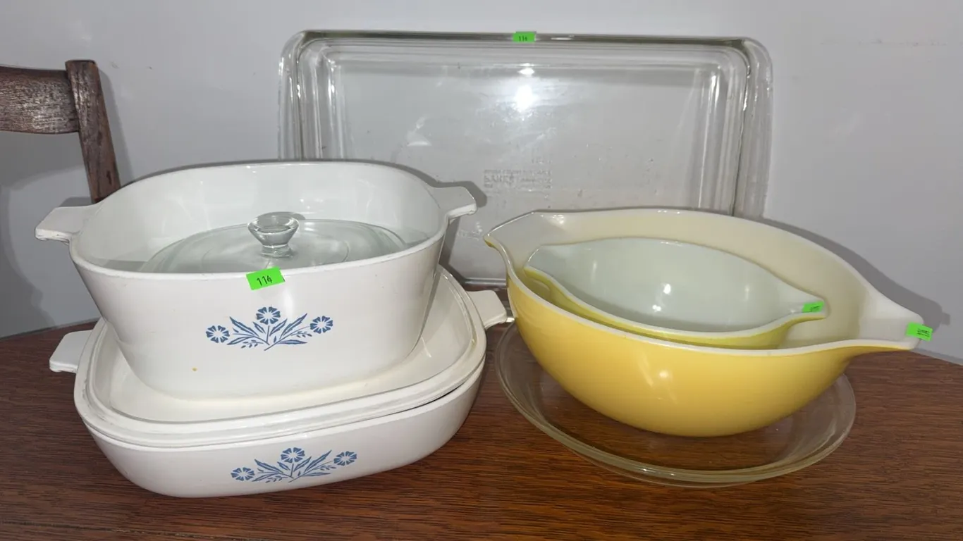 CorningWare Blue Cornflower Casserole Dishes and Pyrex Yellow Mixing Bowls