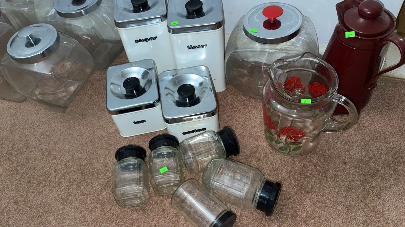 Glass and Metal Kitchen Canisters, Pitcher, and Thermal Carafe