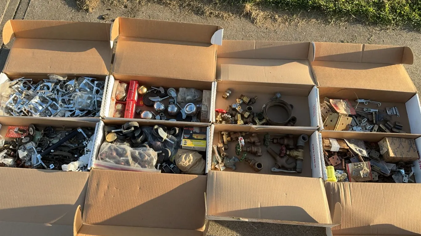 6 Boxes Assorted Metal Hardware, Casters, Plumbing Fittings, Hinges