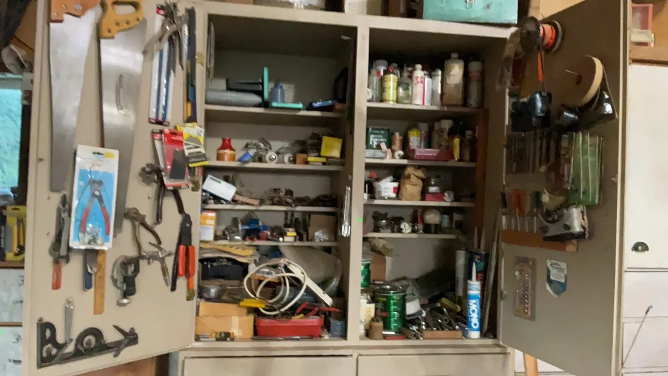 Workshop Cabinet With Contents Including Tools, Hardware, and Supplies