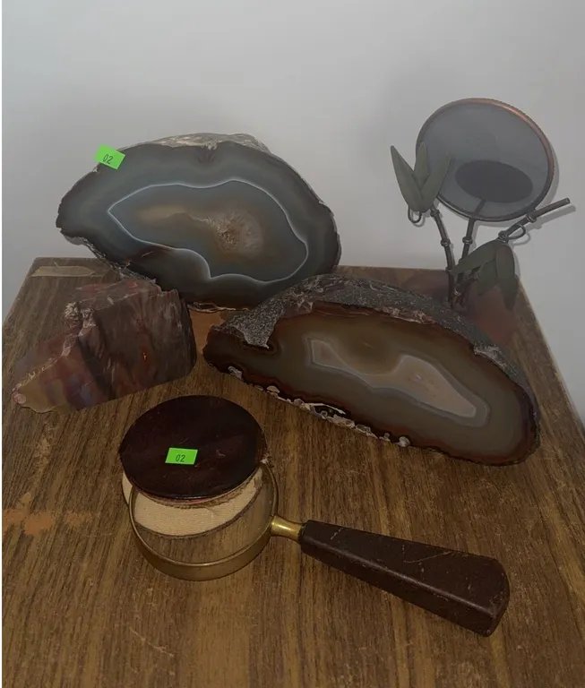 Agate Bookends, Petrified Wood Specimen, Metal Plant Decor, and Magnifier