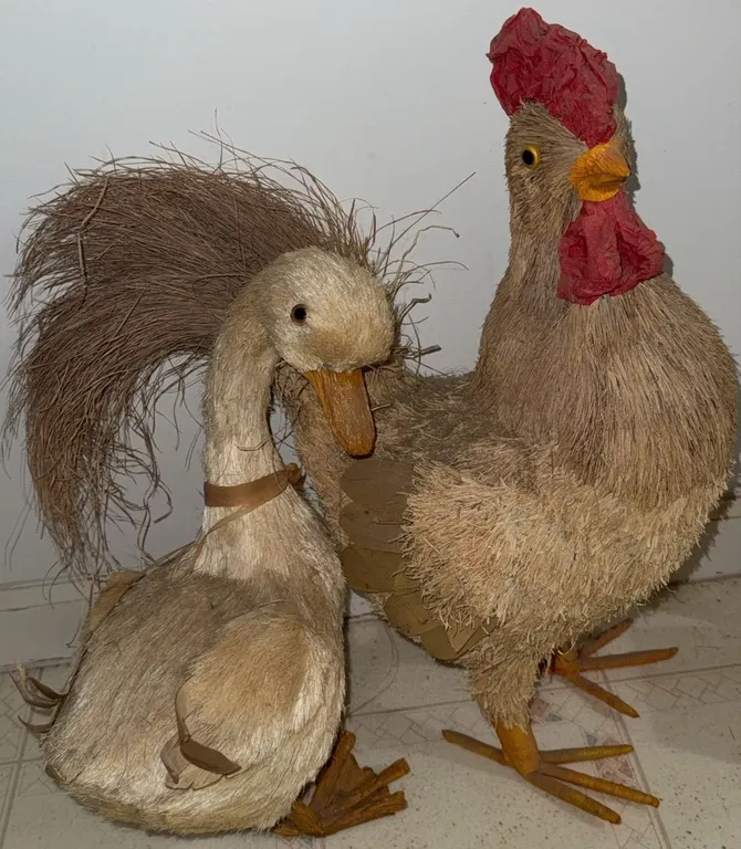 Straw and Raffia Decorative Duck and Rooster Figures