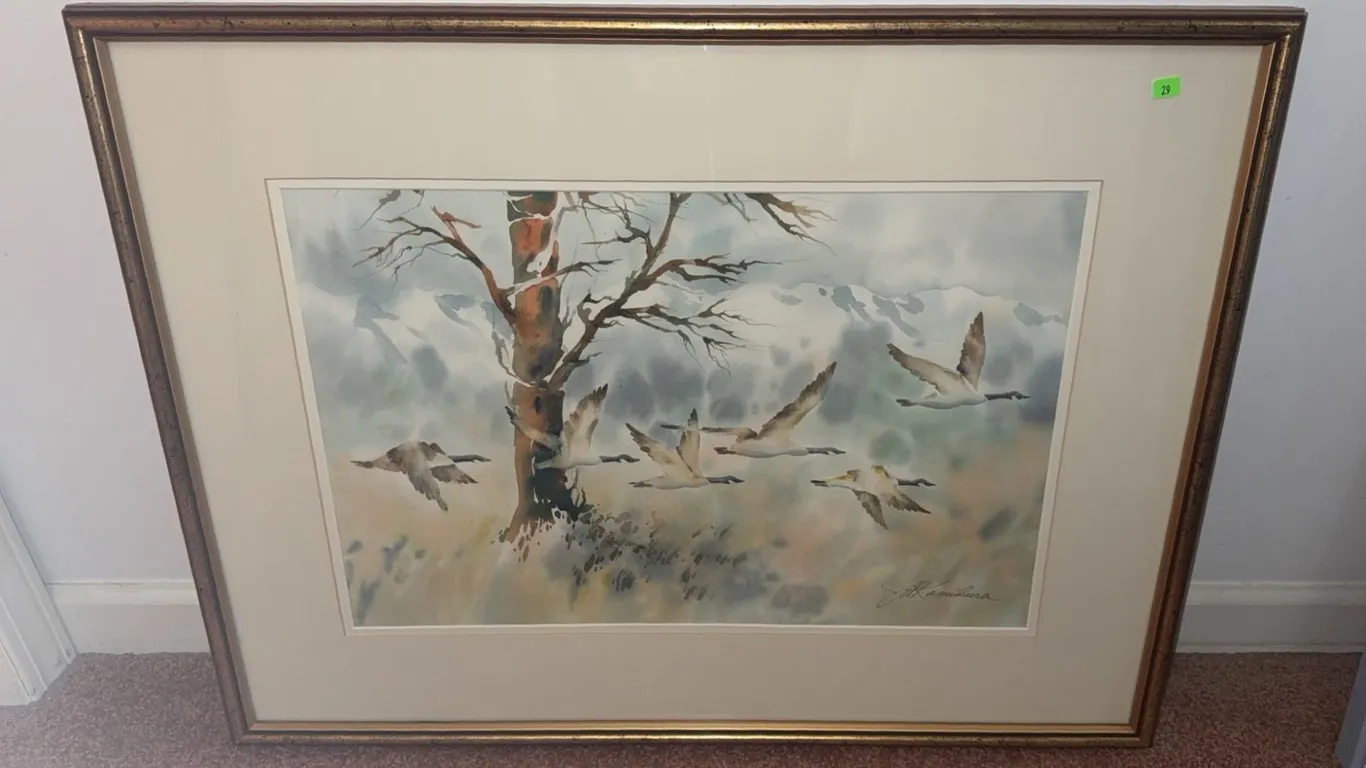 Jack Kamikura Signed Watercolour Print Geese In Flight Framed
