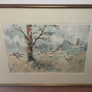 Jack Kamikura Signed Watercolour Print Geese In Flight Framed