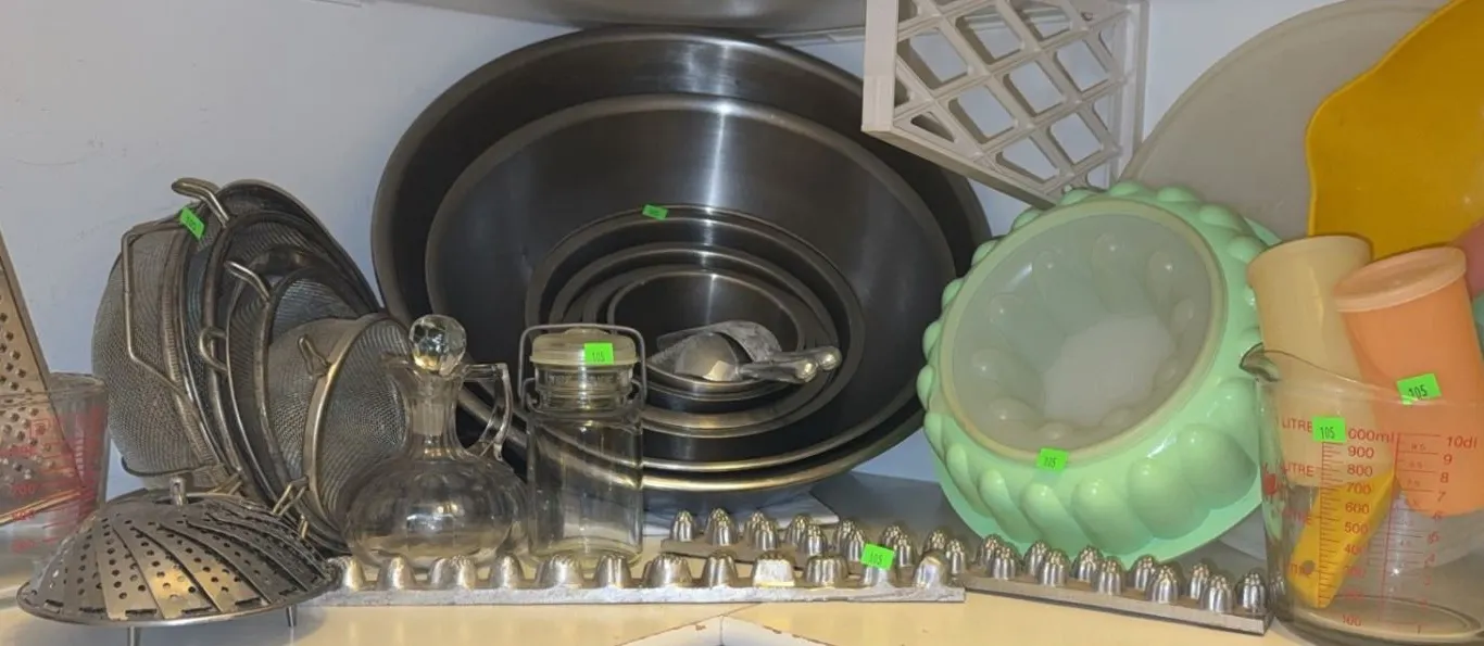 Kitchen Utensils and Bakeware Lot with Mixing Bowls and Measuring Cups