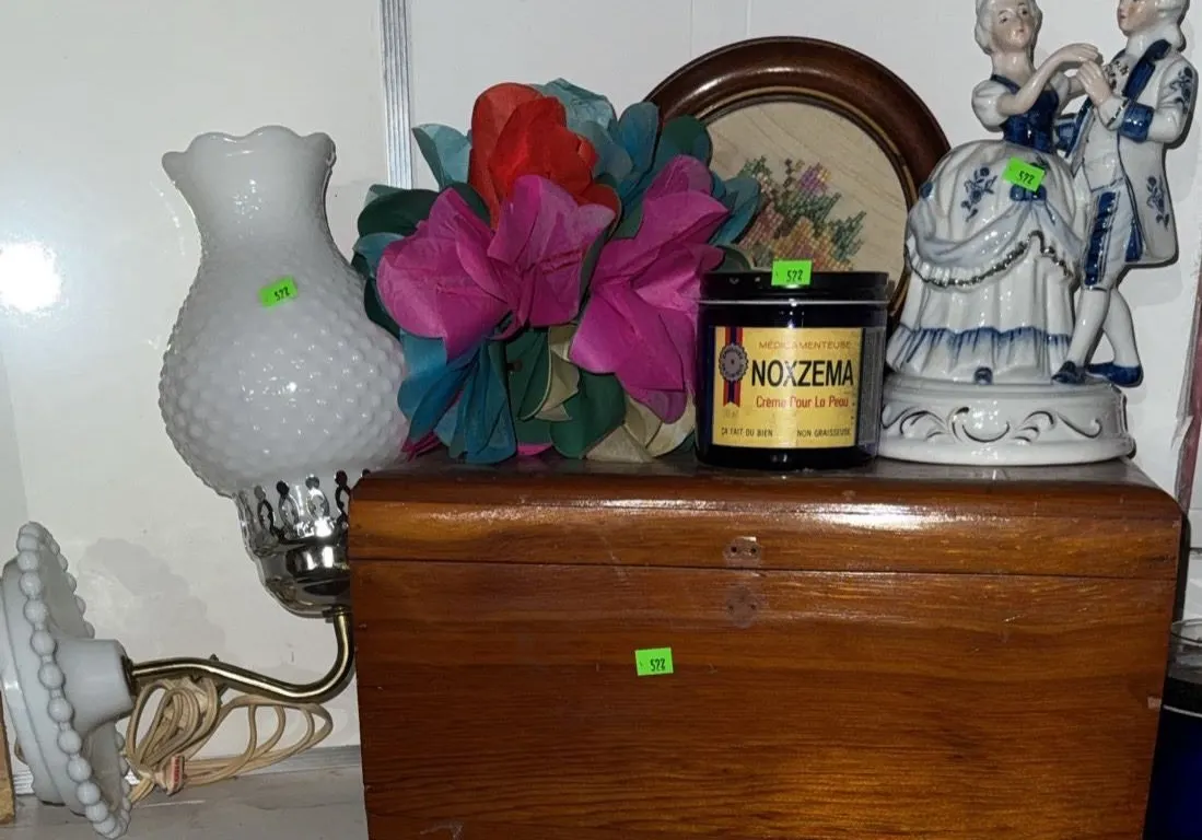 Milk Glass Wall Lamp, Solid Wood Jewellery Box, Noxzema Jar and Victorian Figurine