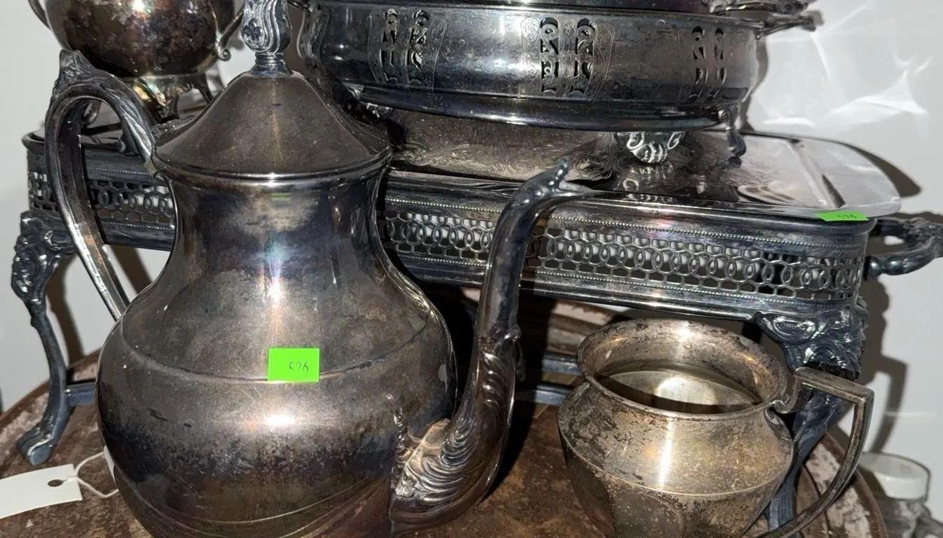 Silver Plated Tea Set with Tray, Teapot, Sugar Bowl, Creamer and Covered Serving Dish