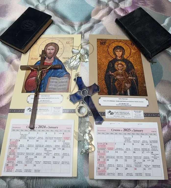 Religious Lot with Two Bibles, Wall Crucifix, Calendars, and Angel Ornaments