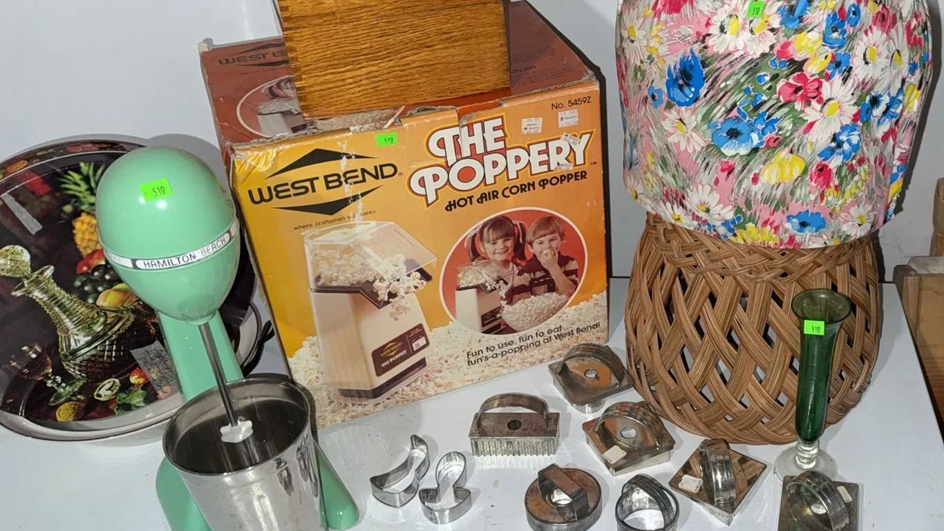 Hamilton Beach Drink Mixer, West Bend Popcorn Maker, Cookie Cutters and Tea Pot Holder
