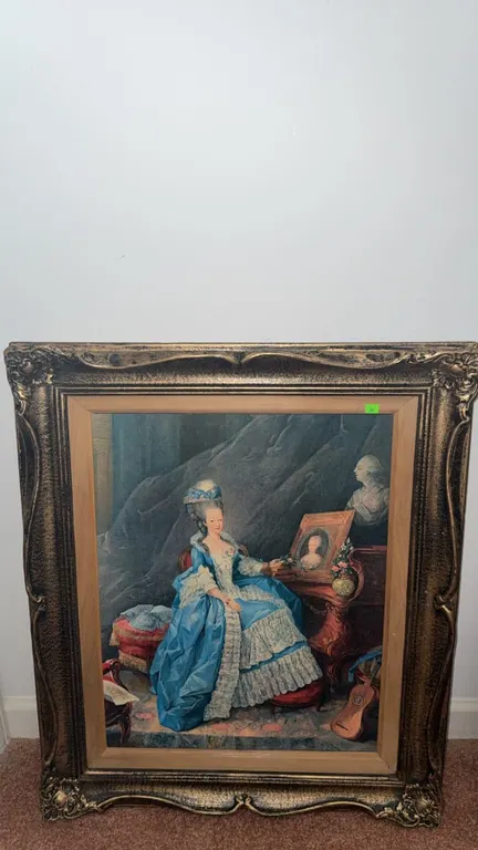 Framed Print of Woman in Blue Gown with Ornate Frame