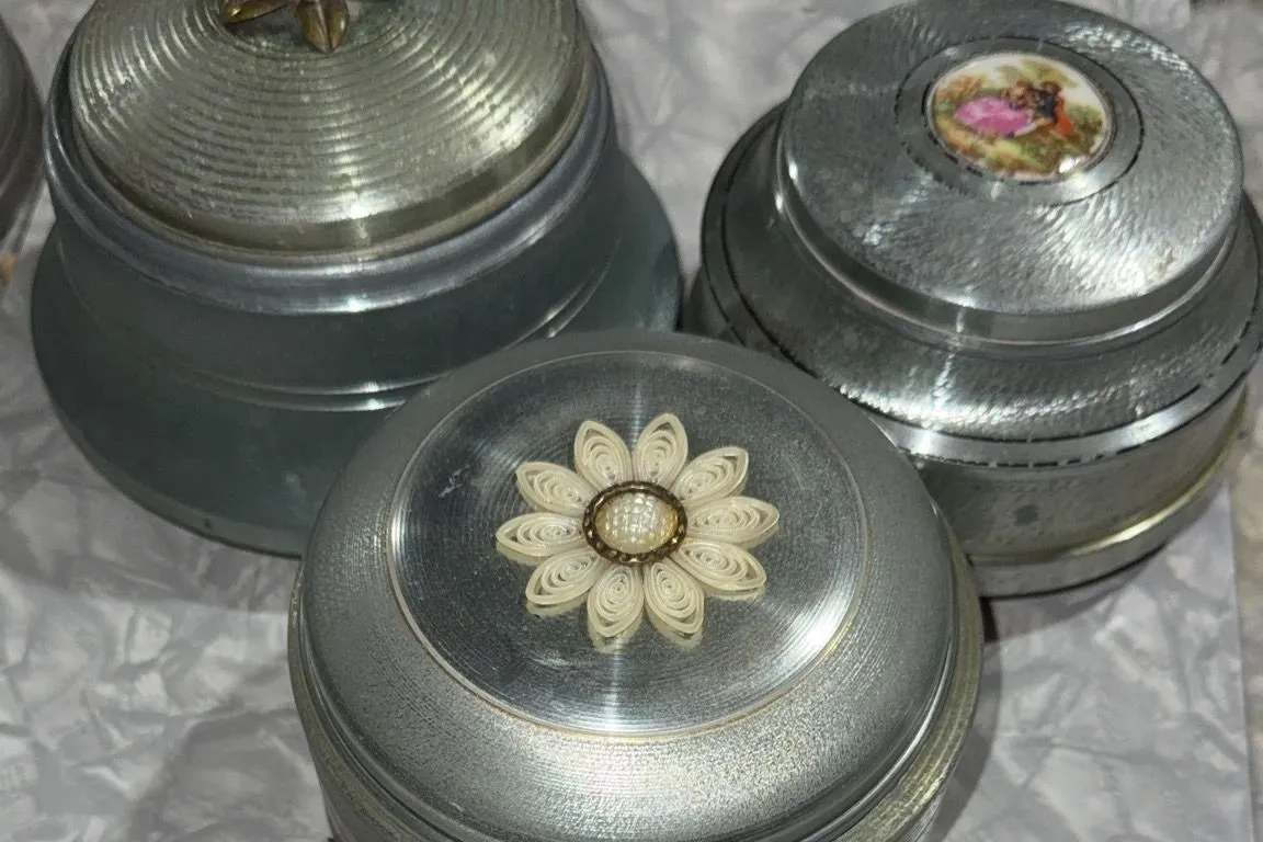 Three Vintage Metal Jewelry Boxes and Music Boxes with Decorative Lids